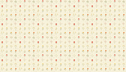 A pattern that features small flowers in square grid in pastel colors on white linen fabric, each grid contains one rose from various varieties