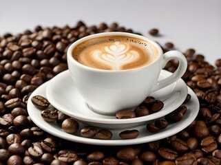 Latte coffee in white cup with coffee beans