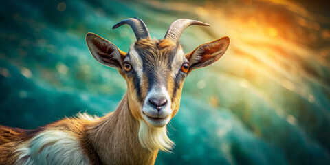 Close-up of a brown and white goat looking directly into the camera against a warm, sunny background. Its horns are curved and symmetrical, the animal's facial expression is calm and inquisitive.AI ge