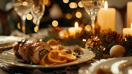 Christmas or new year dinner table close up of baked duck roulade stuffed with meat and oranges baked potato salad coupe glasses in front of christmas tree and burning candles