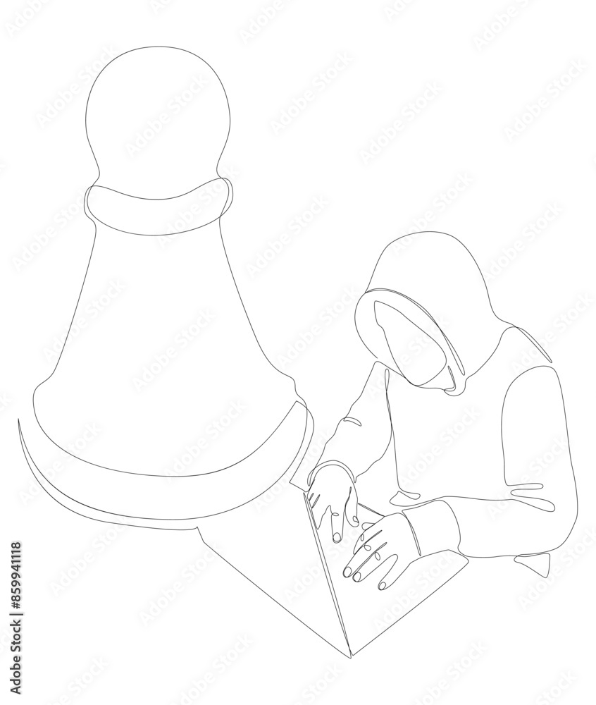 Poster one continuous line of hacker with laptop and chess pawn. thin line illustration vector concept. con