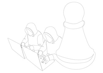 One continuous line of Hacker with laptop and chess pawn. Thin Line Illustration vector concept. Contour Drawing Creative ideas.