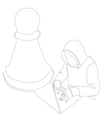 One continuous line of Hacker with laptop and chess pawn. Thin Line Illustration vector concept. Contour Drawing Creative ideas.