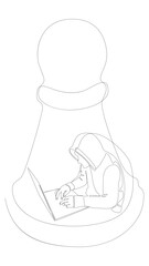 One continuous line of Hacker with laptop and chess pawn. Thin Line Illustration vector concept. Contour Drawing Creative ideas.