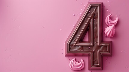 Close up of three dimensional chocolate number 4 on pink background