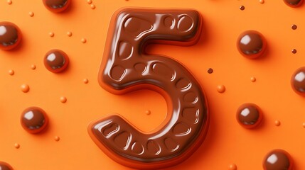 Close up of three dimensional chocolate number 5 on orange background