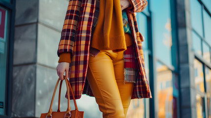 Confident woman walks street wears fashionable clothes plaid jacket pants leather bag ochre knitted scarf loafers Fashion trend of autumn or spring : Generative AI