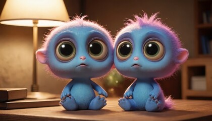 Obraz premium Two Cute Blue Furry Creatures Sitting on a Table.