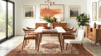 Modern dining room with wooden table and chairs, white rug, and a large window overlooking a backyard.