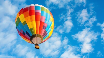 Naklejka premium Colorful hot air balloon with white orange yellow green and blue color isolated on blue sky high angle view