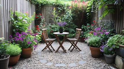 Tranquil garden patio with blooming flowers and comfortable seating area. 