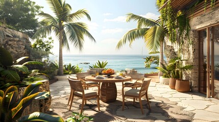 Fototapeta premium Tropical beachfront patio dining setup with a serene ocean view and lush greenery, offering a luxurious escape into paradise. 
