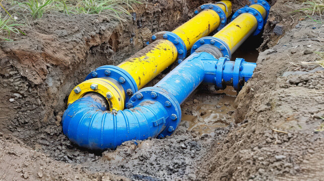 Construction site, PVC pipes for sewerage pipeline, plumbing materials for repair.