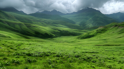 Naklejka premium panorama of beautiful countryside of romania. sunny afternoon. wonderful springtime landscape in mountains. grassy field and rolling hills. rural scenery