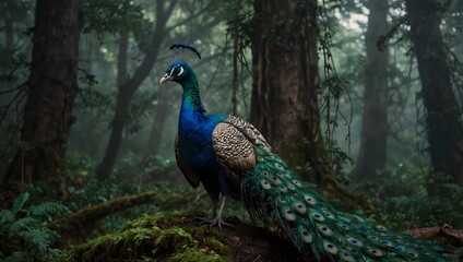 Obraz premium A mystical forest where peacock feathers mark the boundaries between the mortal realm and the realm of spirits ai_generated