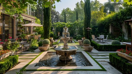 Fototapeta premium Luxurious garden patio with a fountain, seating area, and lush greenery in a serene setting 