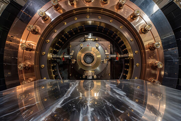 Bank vault door opening: Inside view of a massive, secure vault with intricate locking mechanisms.
