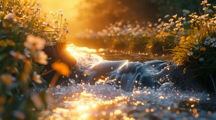 Golden Sunrise Over a Sparkling Stream with Wildflowers