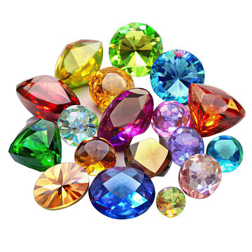 A collection of various colorful gemstones arranged on a white background. The stones are cut and polished, showcasing their unique brilliance and intricate facets. Generative AI