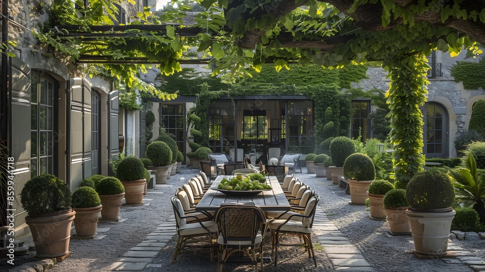 Wall mural An elegant outdoor dining area under a vine-covered pergola in a serene garden setting, bathed in warm sunlight