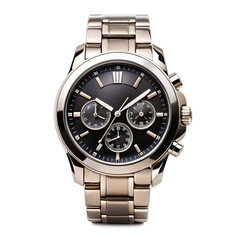 A close-up of a luxury black and silver wristwatch with a metal band, showcasing the chronograph function and intricate details. Generative AI