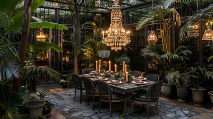 Elegant outdoor dining setup amidst lush greenery and ambient lighting, evoking a luxurious tropical evening atmosphere. 