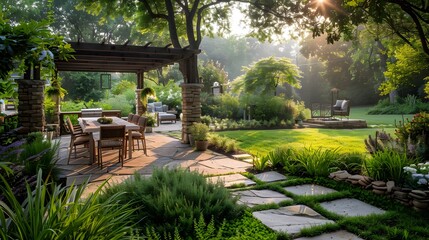 A serene outdoor patio setting with furniture under a pergola surrounded by a lush green garden at sunrise.
