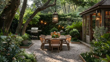 Serene backyard garden with dining area and lush greenery during twilight. 