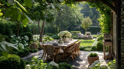 Obraz premium Elegant outdoor dining area in a lush garden setting during the daytime. 
