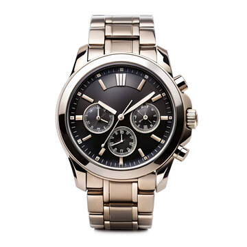 A close-up of a luxury black and silver wristwatch with a metal band, showcasing the chronograph function and intricate details. Generative AI