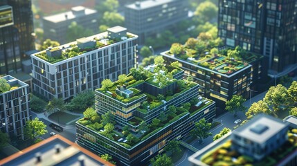 Sustainable Urban Skyline: Aerial View of Green Rooftops and Eco-Friendly Buildings in Business District