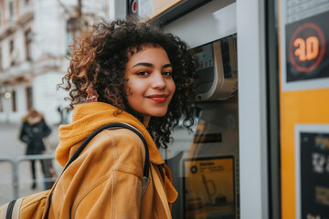 Smart ATM usage: Person withdrawing money from an advanced ATM with facial recognition technology.