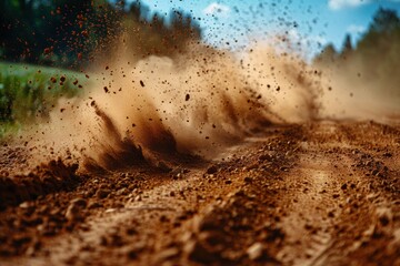Dynamic dirt trail with flying dust and tire tracks, capturing the energy and movement in an outdoor off-road environment.