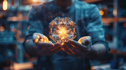 A Man Holds a Glowing Geometric Object