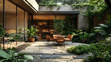 Obraz premium Modern outdoor dining area of a luxurious house surrounded by green plants and nature at dusk with the warm glow of interior lights illuminating the space. 