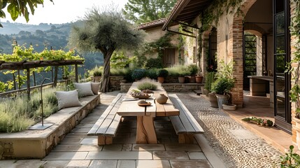 Tranquil outdoor patio space with rustic wooden furniture overlooking a serene landscape, perfect for relaxation and leisure. 