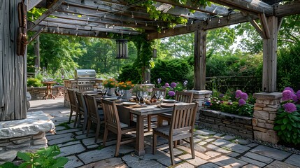 Obraz premium Elegant outdoor dining area with a set table under a pergola, surrounded by lush greenery and a barbecue grill, symbolizing an ideal setting for alfresco gatherings. 