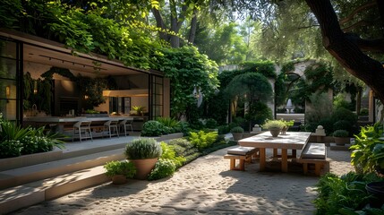A serene outdoor patio design with lush greenery and modern furniture under a shaded tree canopy.