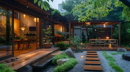 Obraz premium A serene Japanese garden and wooden patio illuminated in the evening with a warm glow from the house interior and a person relaxing at a table. 