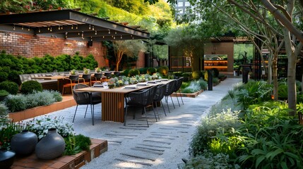 Obraz premium A modern outdoor dining area in a lush garden setting with stylish furniture and ambient lighting.