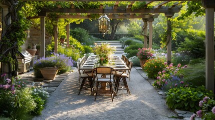 Obraz premium Idyllic outdoor dining setup in a lush garden with flowers and a pergola at sunset 