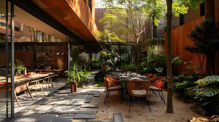 A modern outdoor dining area with stylish furniture set amidst lush greenery and contemporary architecture.