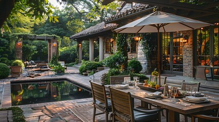 Elegant outdoor dining area by a tranquil poolside at dusk, offering a luxurious alfresco ambiance at a high-end residence. 