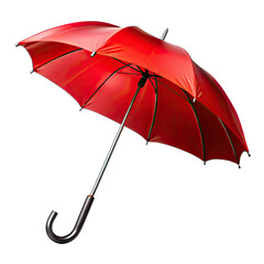 A red umbrella with a black handle is isolated on a white background. The umbrella is open and the canopy is facing the camera. Generative AI