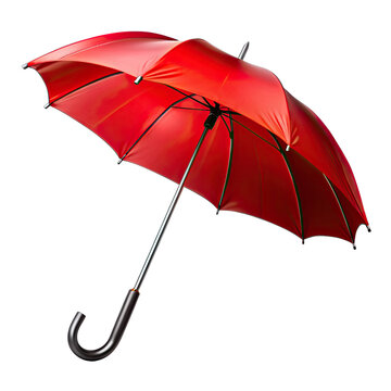 A red umbrella with a black handle is isolated on a white background. The umbrella is open and the canopy is facing the camera. Generative AI