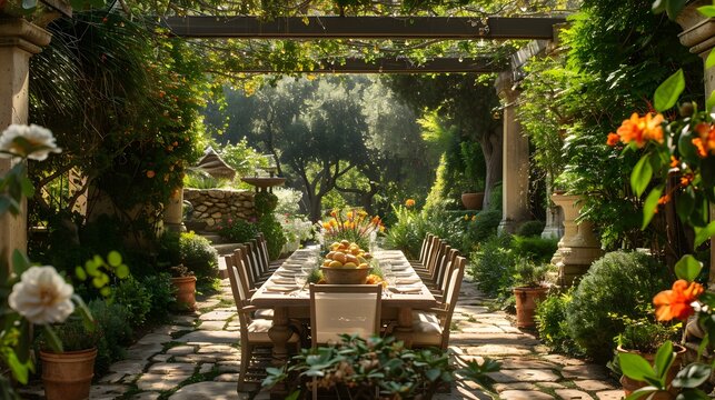 A beautifully set garden table stands ready for an alfresco dining experience surrounded by lush greenery and blooming flowers under a wooden pergola. 