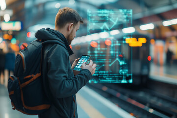 A man with a backpack, standing at a busy train station, checking his phone for travel information, with digital maps and schedules floating around him.