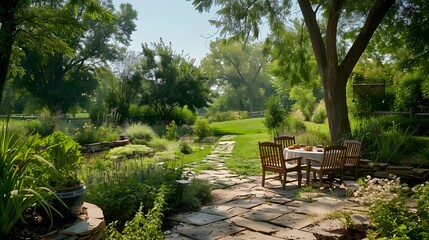 Obraz premium A beautiful garden setup with dining furniture inviting relaxation amidst lush greenery and landscaping. 