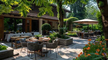 Obraz premium Elegant outdoor dining area at a restaurant with natural greenery and modern furniture set for guests. 