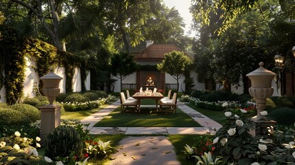 An elegant outdoor dining setup in a luxurious garden at dusk with warm lighting and lush greenery enhancing the ambience. 